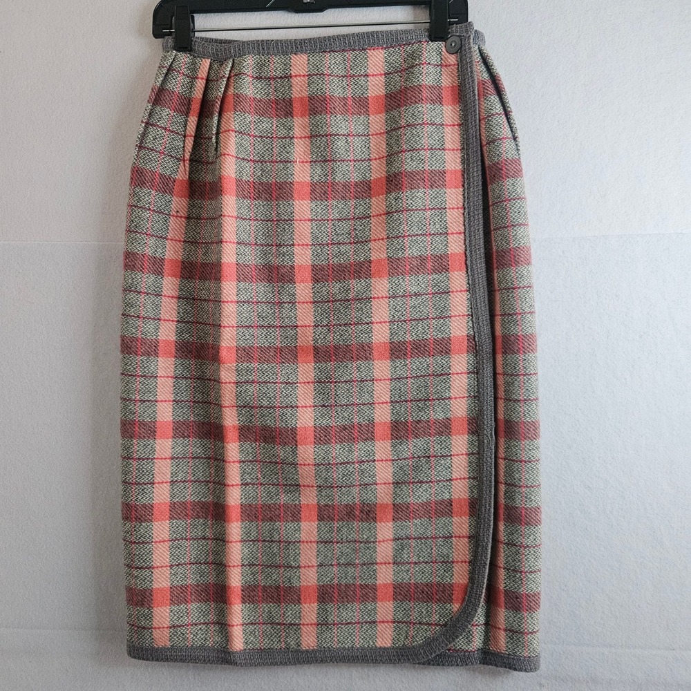 Vintage Plaid Wool Wrap Skirt Grey Coral Pink Knee Length Pencil Skirt